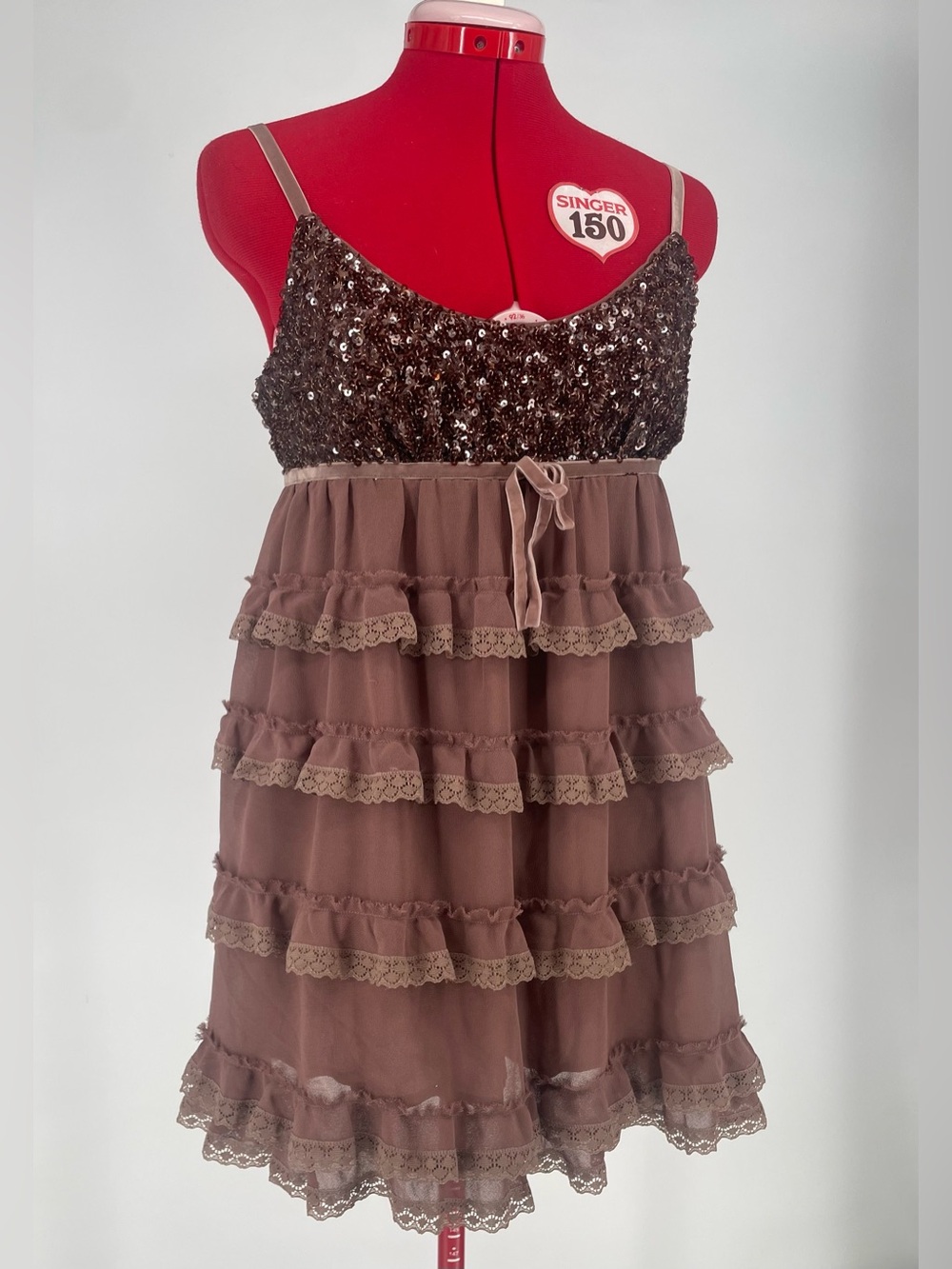 Kimchi Blue Mini Tiered / Layered Ruffled Babydoll Dress Sequined Top Lace Trim